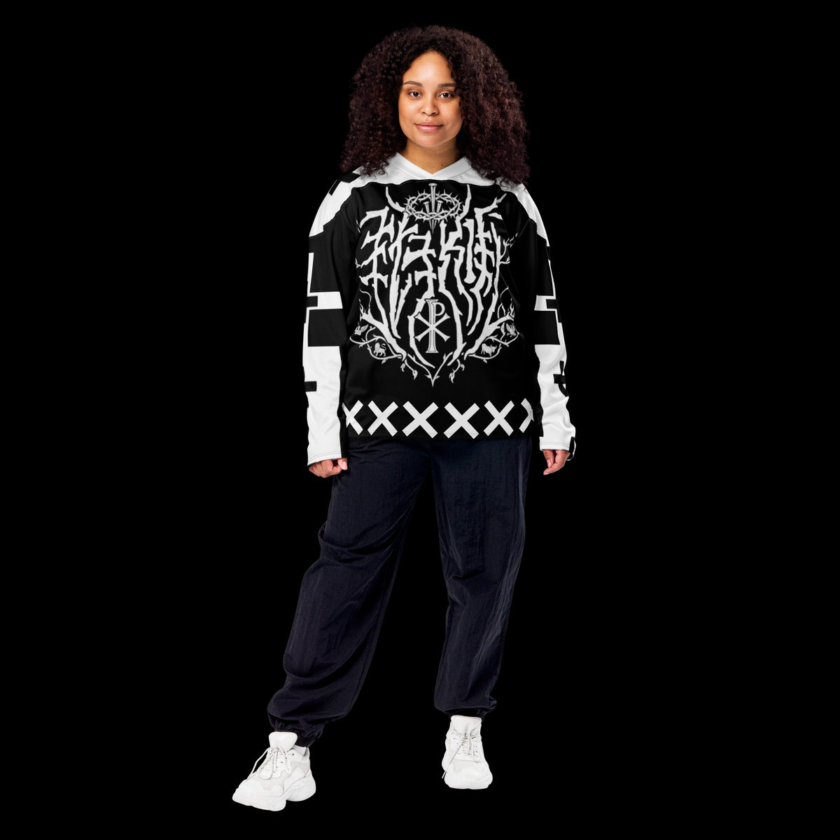 Street Culture recycled hockey fan jersey with black and white graphic print, V-neck, and relaxed fit on a model.