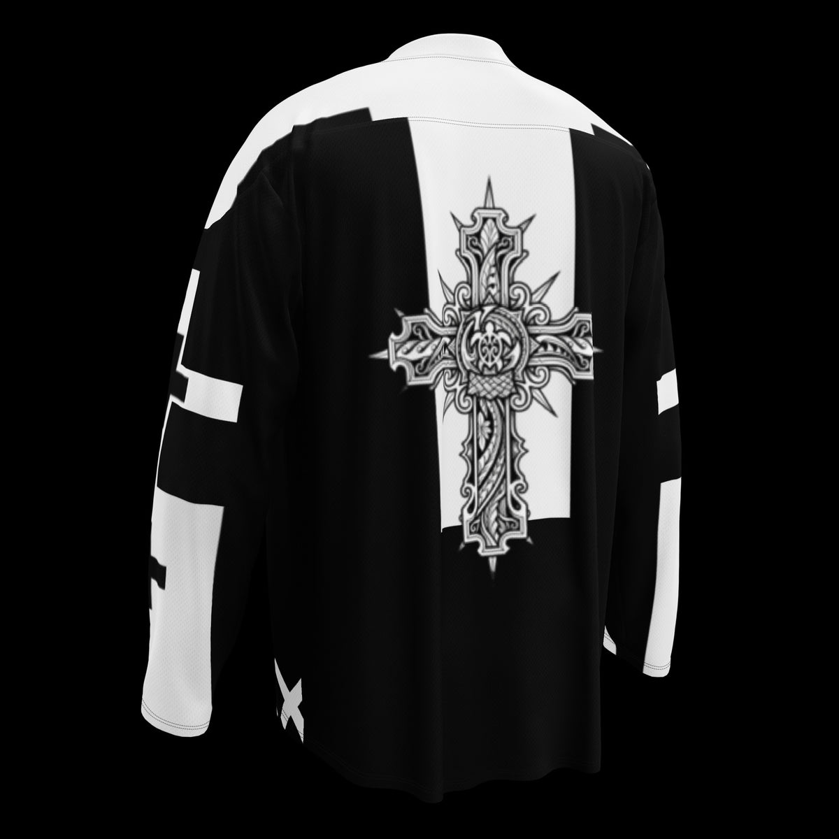 Street Culture recycled hockey fan jersey in black and white with a detailed gothic cross graphic on the back.