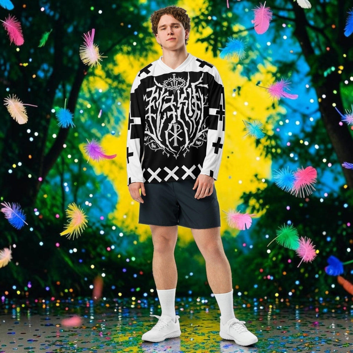 Street Culture recycled polyester hockey jersey with black and white graphic print, V-neck, and relaxed fit on model