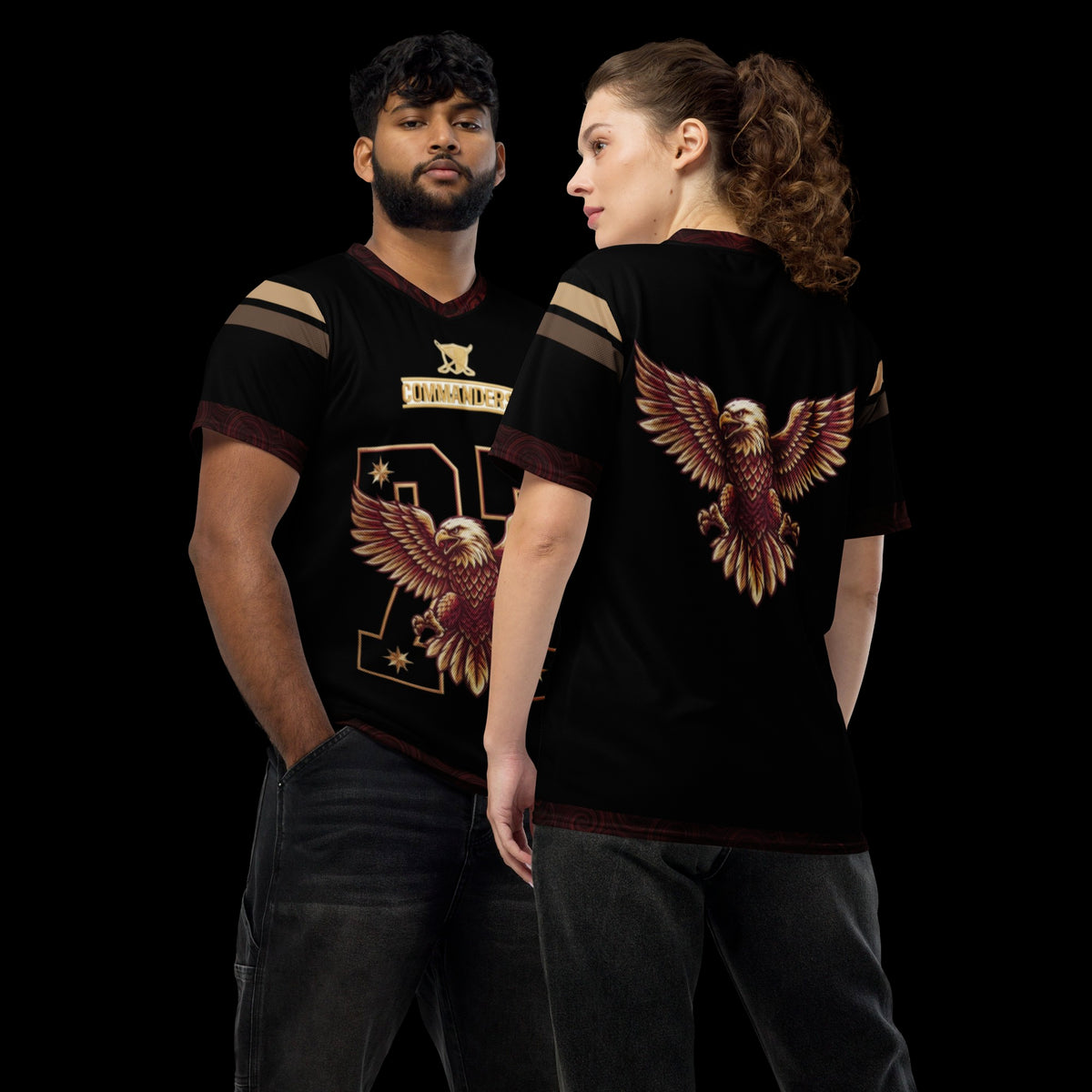 Street Culture recycled polyester sports jersey with eagle graphic, v-neck collar, and two-way stretch fabric.