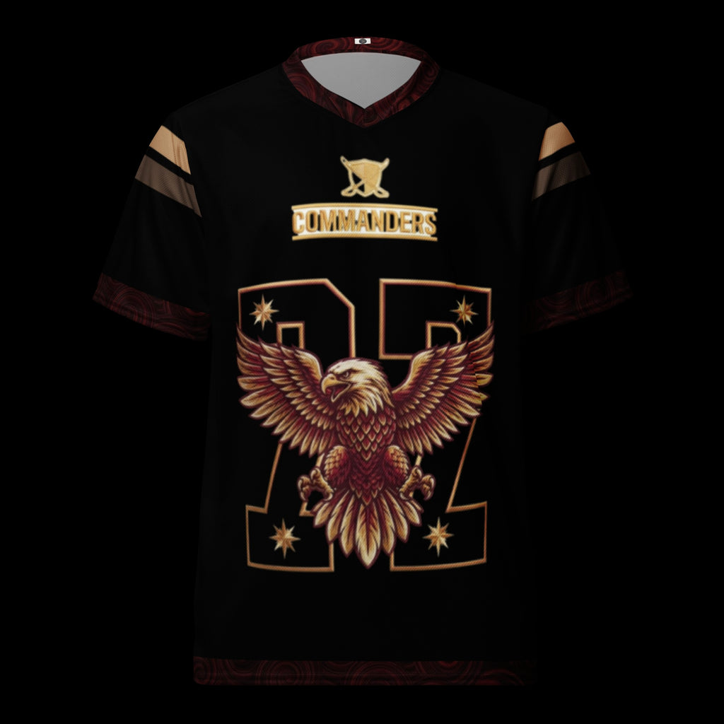 Street Culture recycled polyester sports jersey in black with gold eagle graphic and Commanders team branding