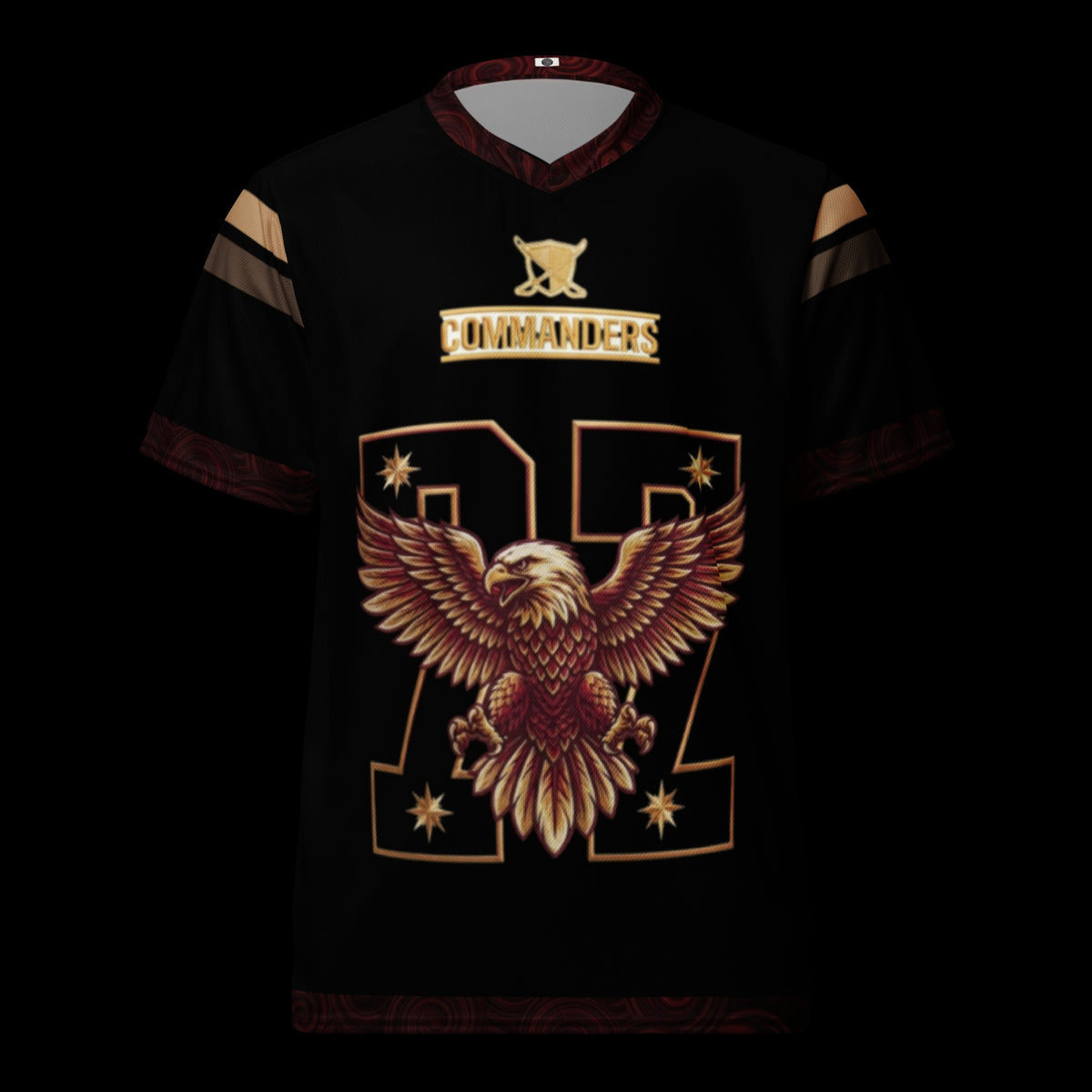 Street Culture recycled polyester sports jersey in black with gold eagle graphic and Commanders team branding