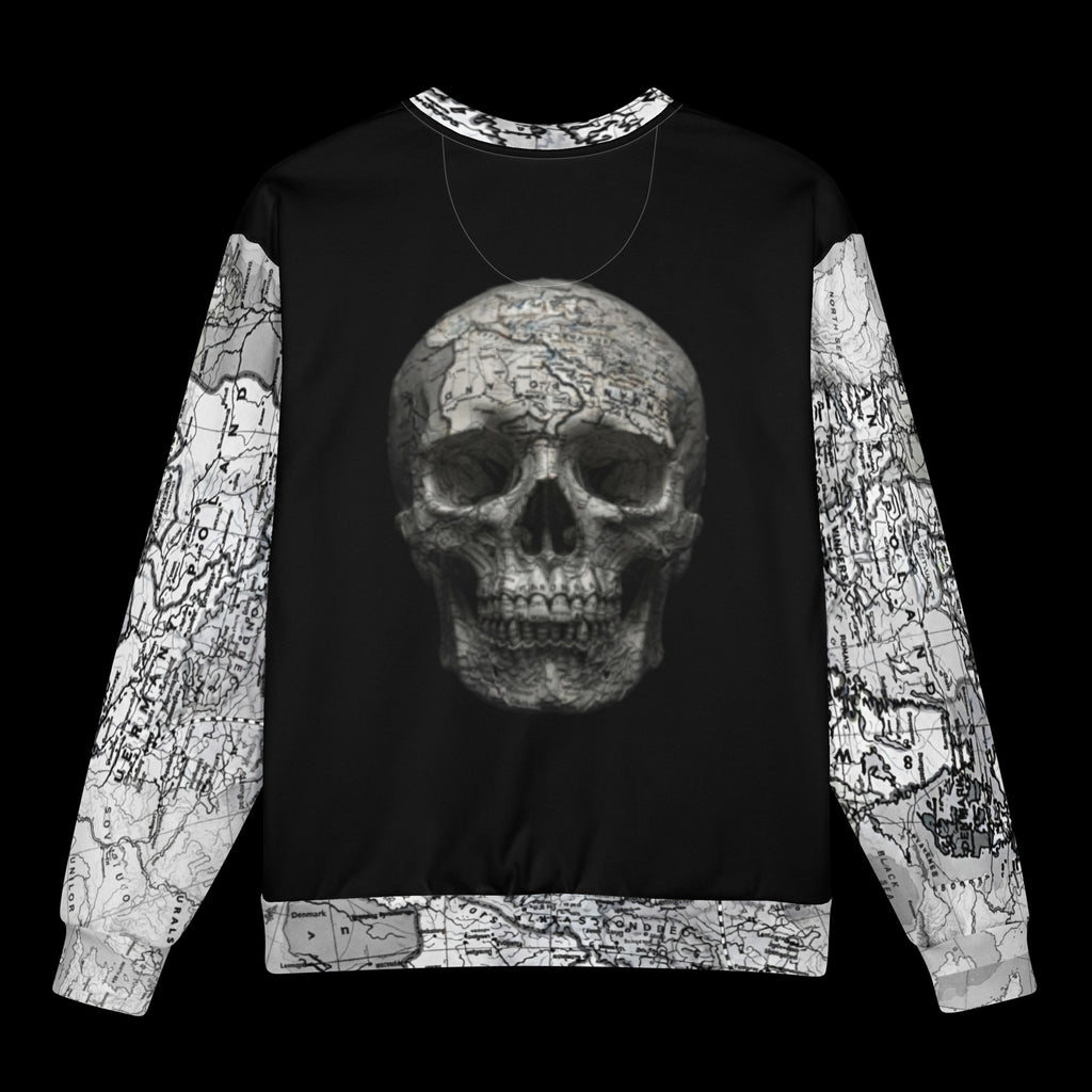 Street Culture oversized sweatshirt with a central skull graphic and black and white map print on sleeves and hem.
