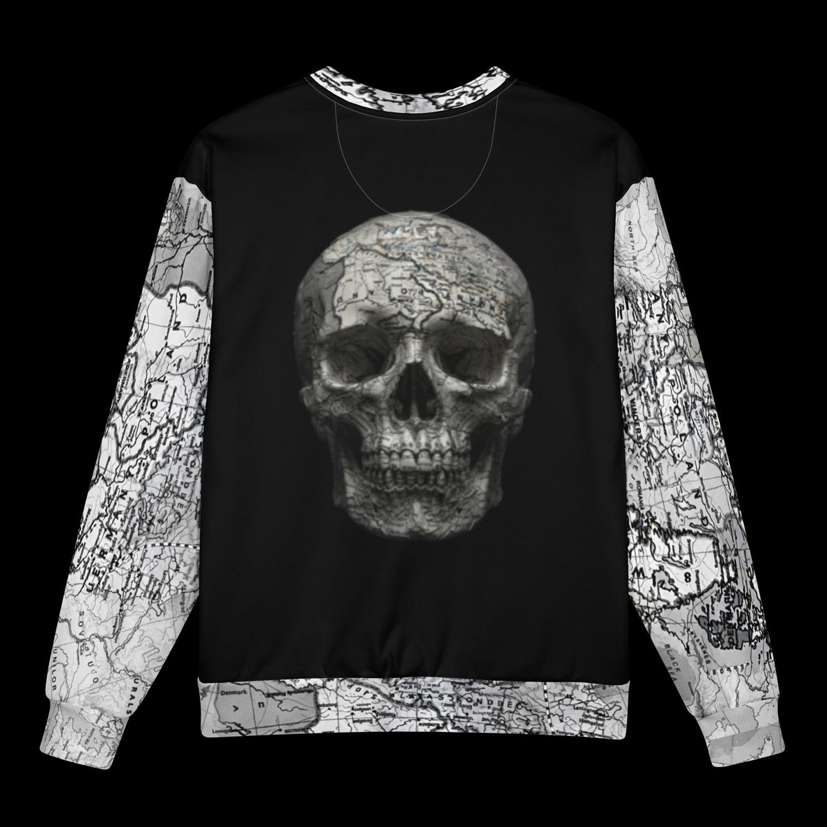 Street Culture oversized sweatshirt with a central skull graphic and black and white map print on sleeves and hem.