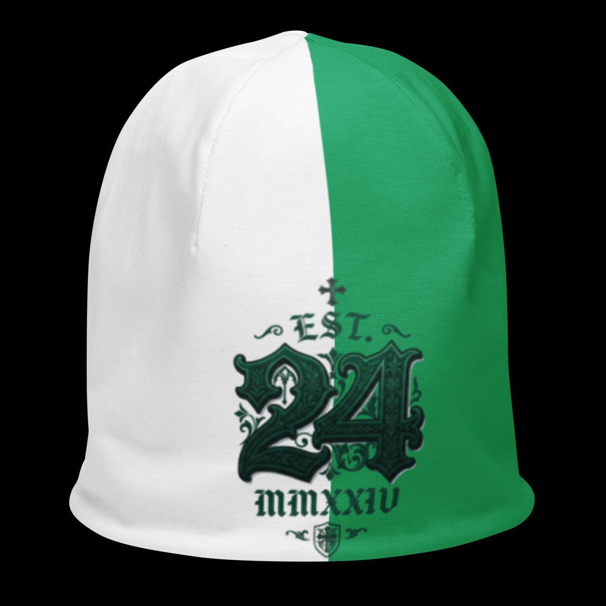 Street Culture double-layered beanie featuring a split white and green design with a gothic 24 graphic print.