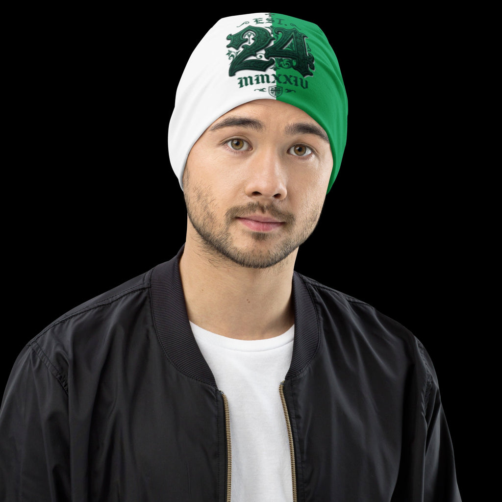 Street Culture double-layered beanie with a split white and green design and 24 graphic worn by a young man