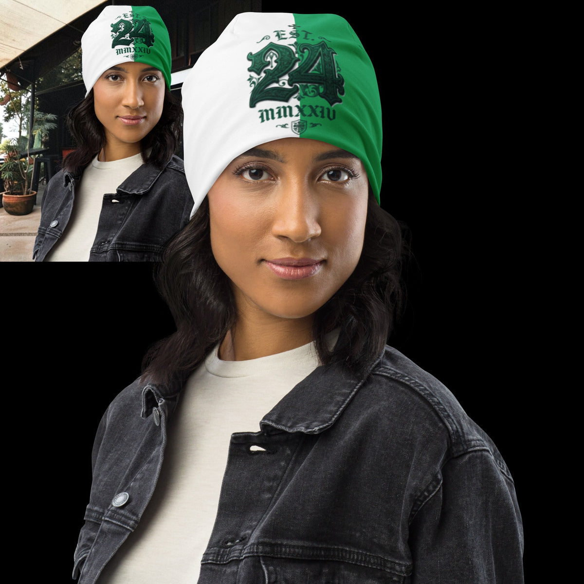 Street Culture double-layered beanie with a white and green split design and 24 graphic worn by a woman