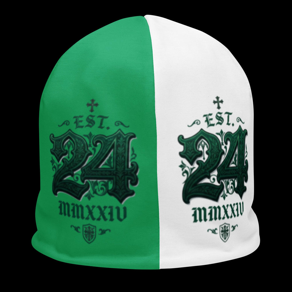 Street Culture double-layered beanie featuring a split green and white design with a vintage 24 graphic print.