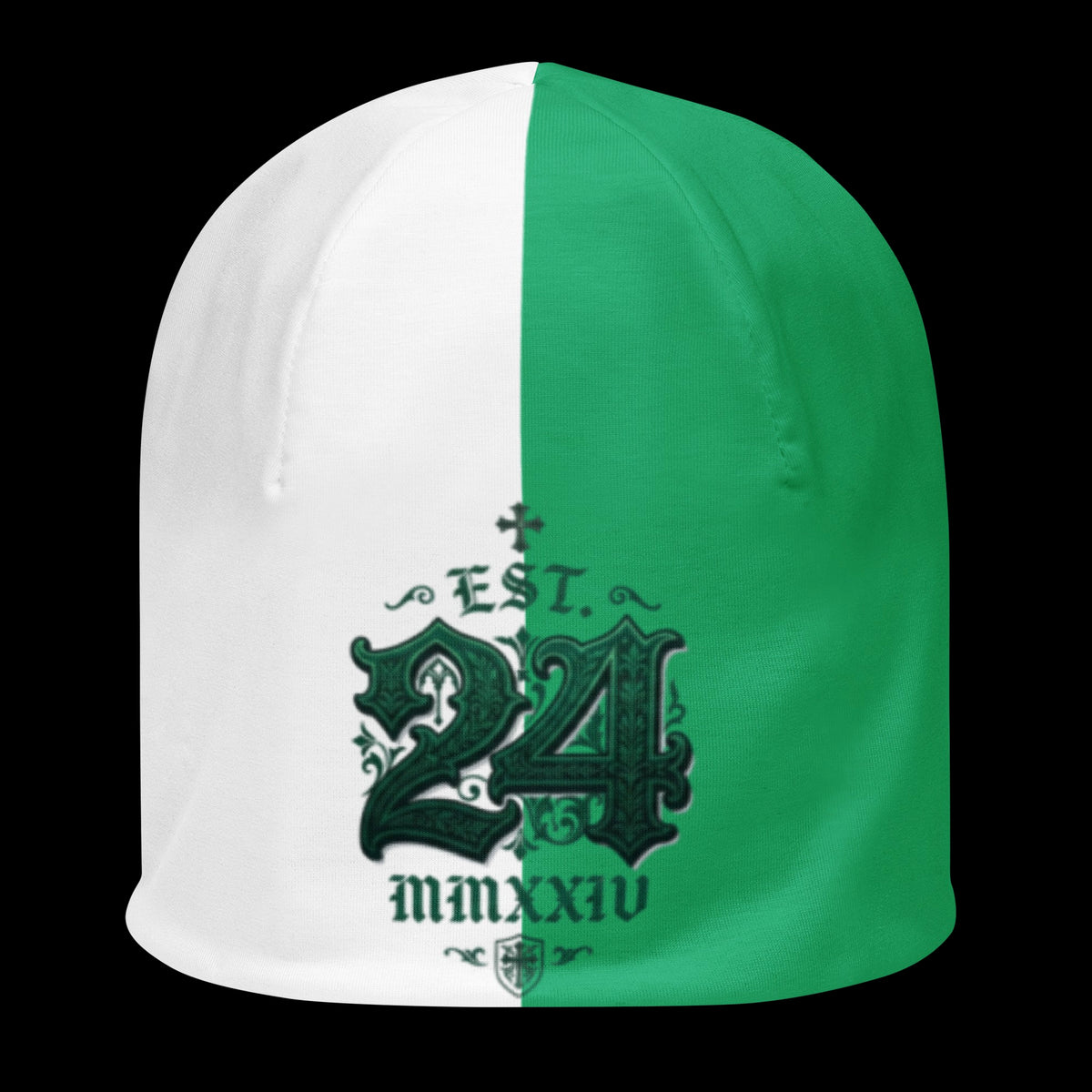Street Culture double-layered beanie featuring a white and green split design with a gothic 24 print on the front.