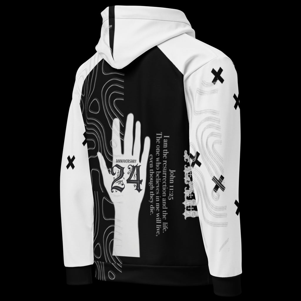 Street Culture unisex hoodie featuring a black and white graphic print with hand and text design on brushed fleece