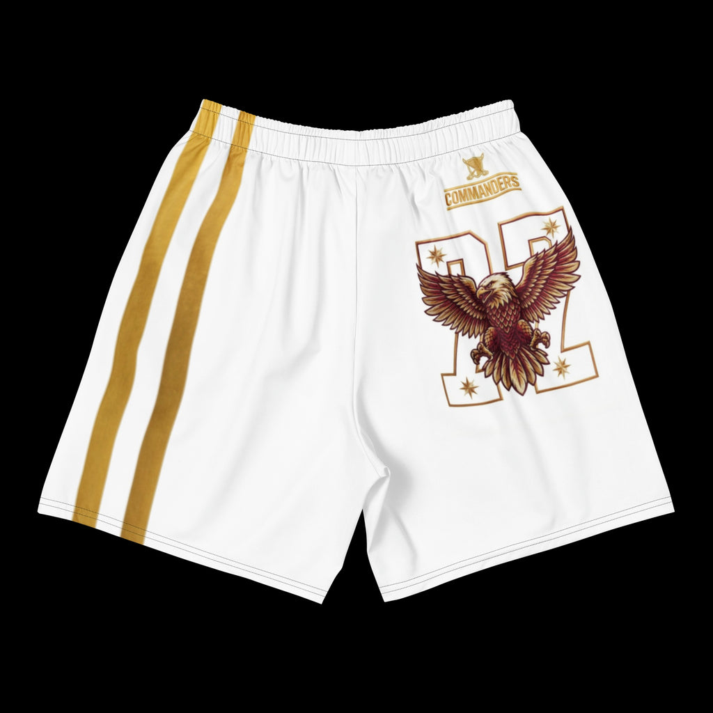 Street Culture white athletic shorts with eagle graphic, gold side stripes, and elastic waistband for sports.