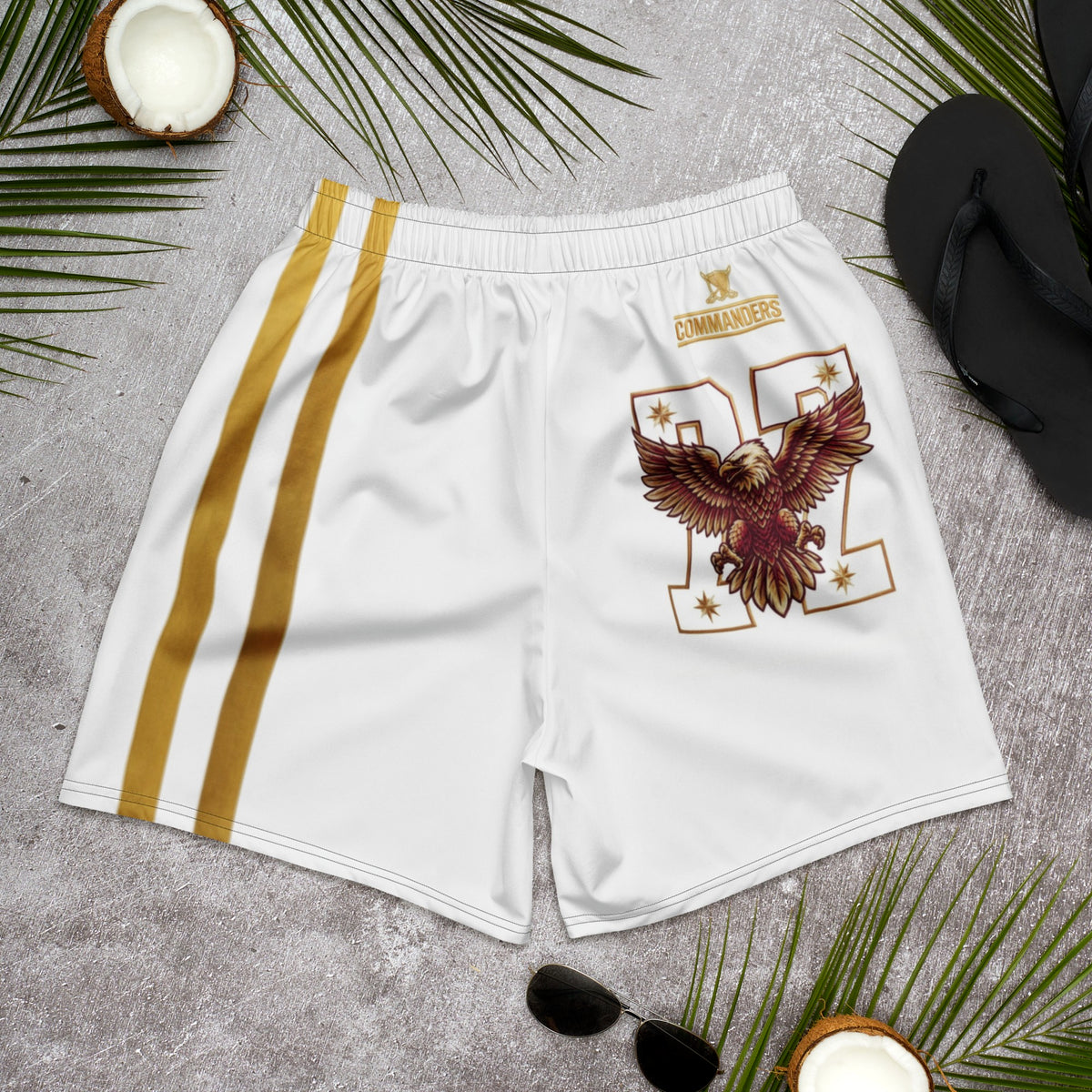 Street Culture unisex athletic shorts in white with gold stripes, eagle graphic, and number 22 on a textured background