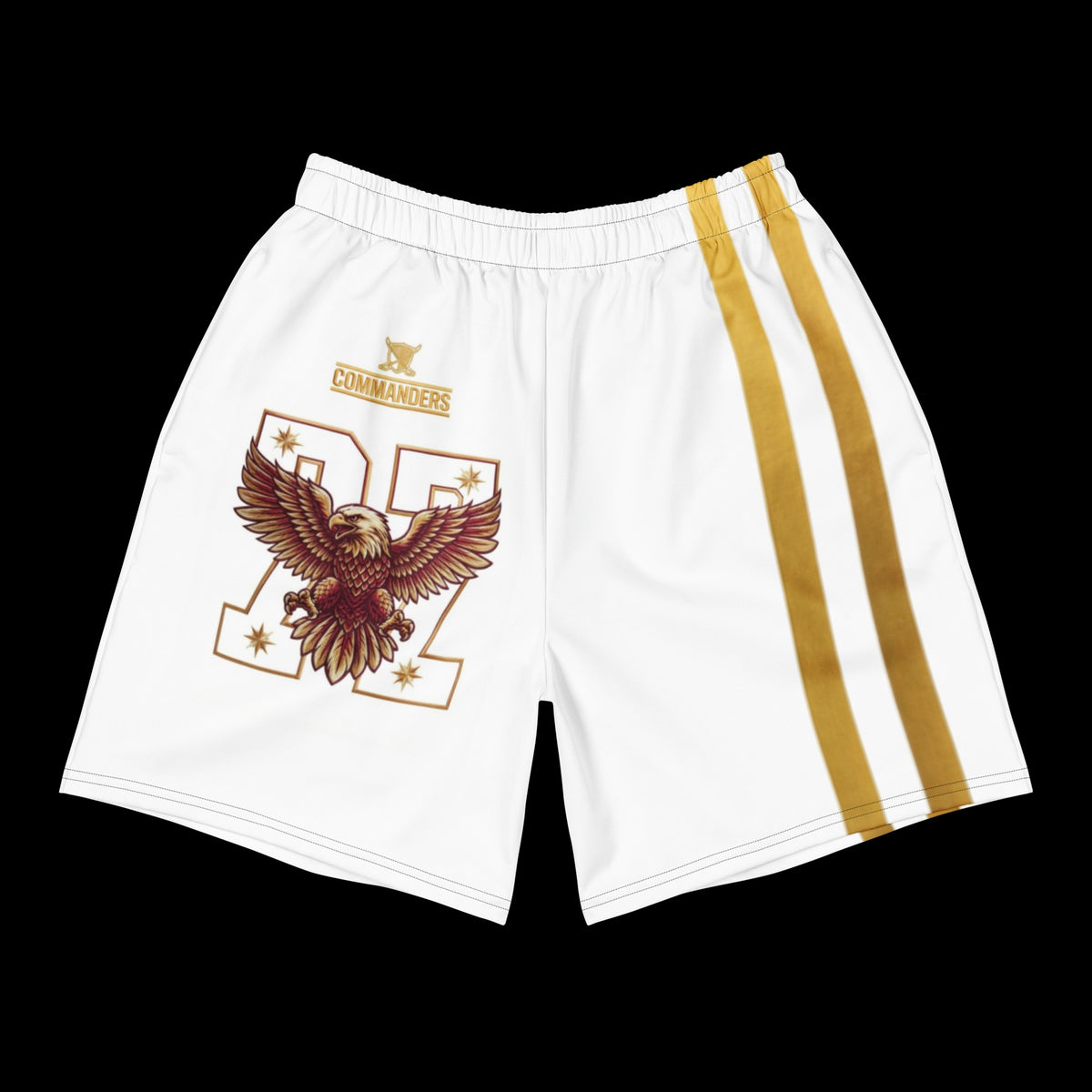 Street Culture white athletic shorts with gold side stripes and an eagle graphic print on the front.