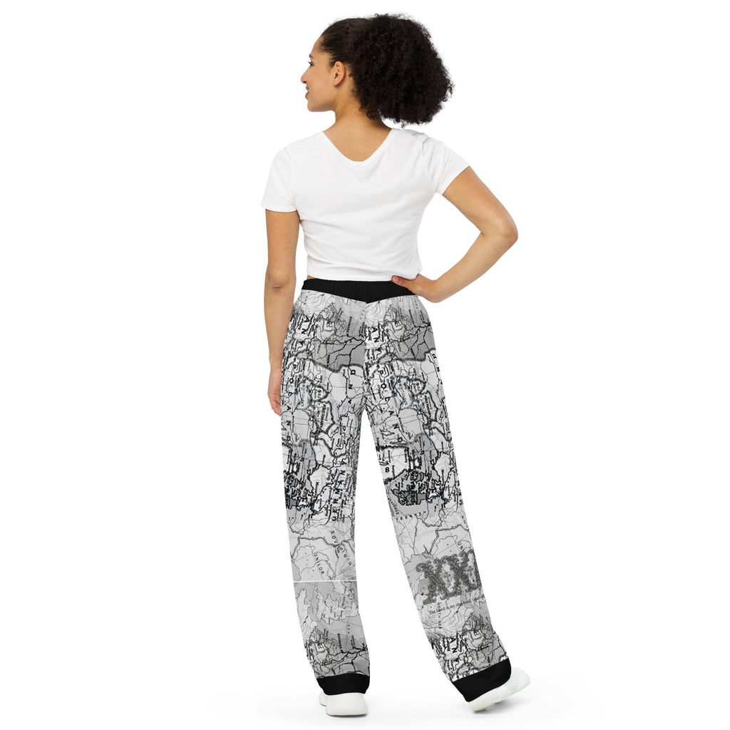 Street Culture unisex wide-leg pants with a grey and black map print, elastic waistband, and side pockets.