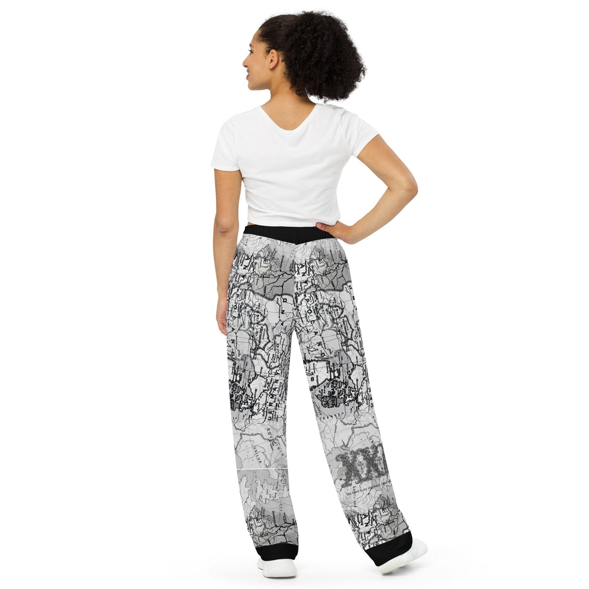 Street Culture unisex wide-leg pants with a grey and black map print, elastic waistband, and side pockets.